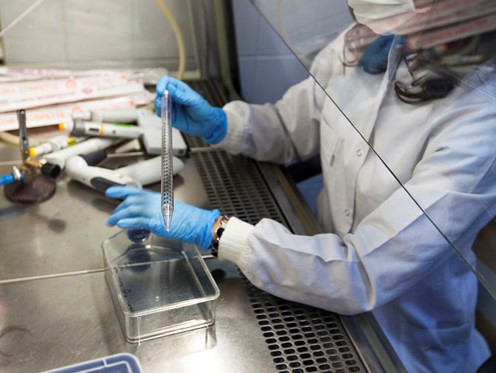 Woman in lab clothes wearing protective mask conducting tests in laboratory setting