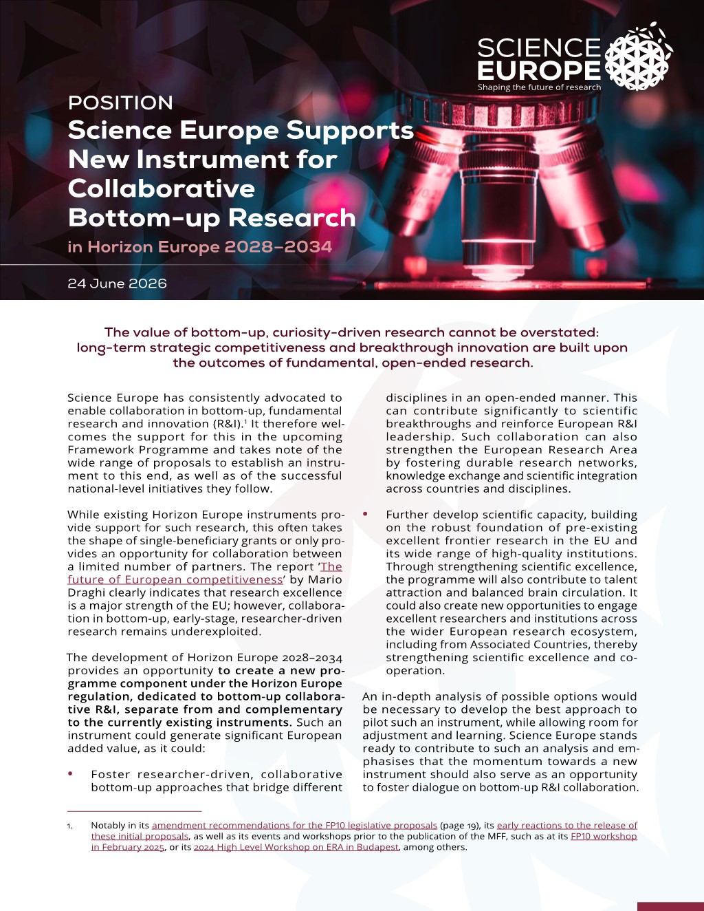 Science Europe Supports New Instrument for Collaborative Bottom-up