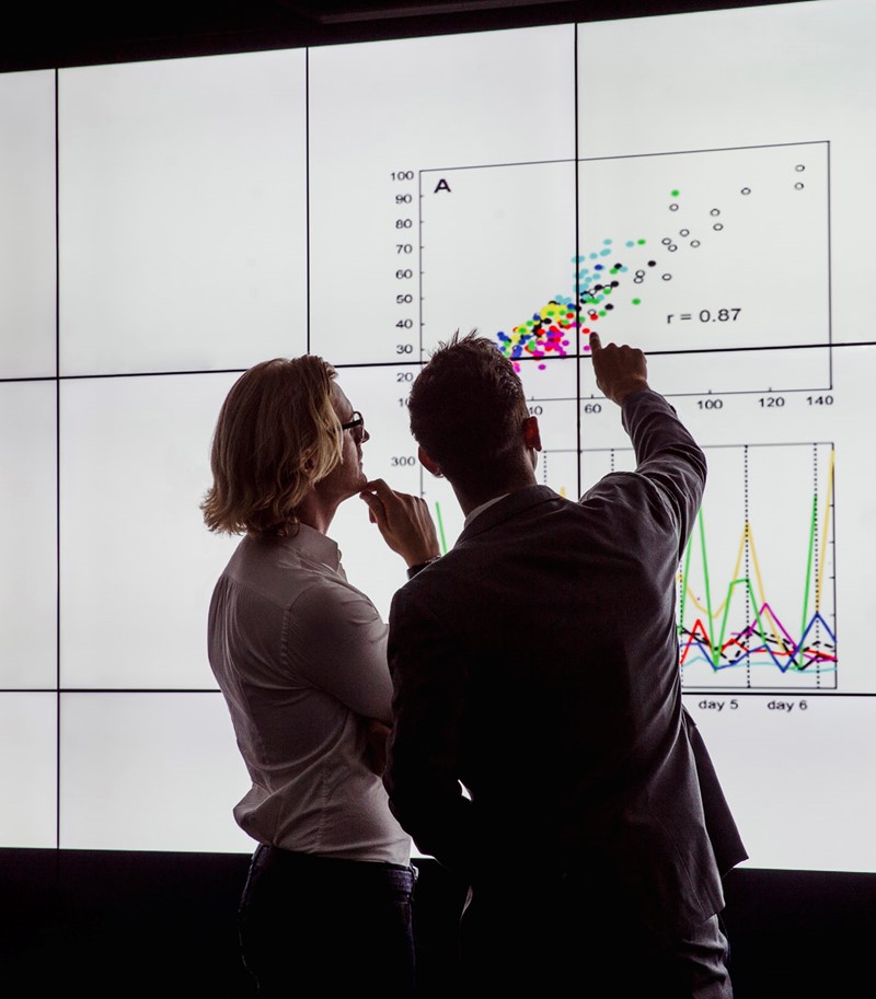 Woman and man in business clothes pointing at graphs