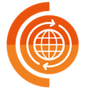 Orange circle fading from a darker shade at the top to a lighter shade at the bottom. Inside there is a white line drawing of a globe.